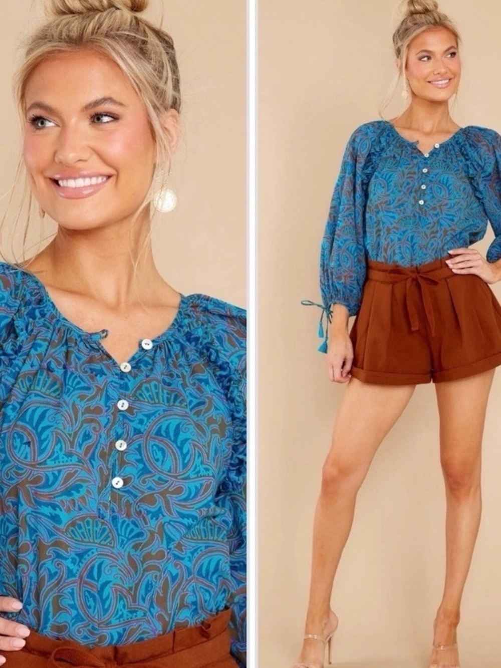 Cleobella Jayda Blouse Zuri Block Print Turquoise Tassel Balloon Sleeve Blouse